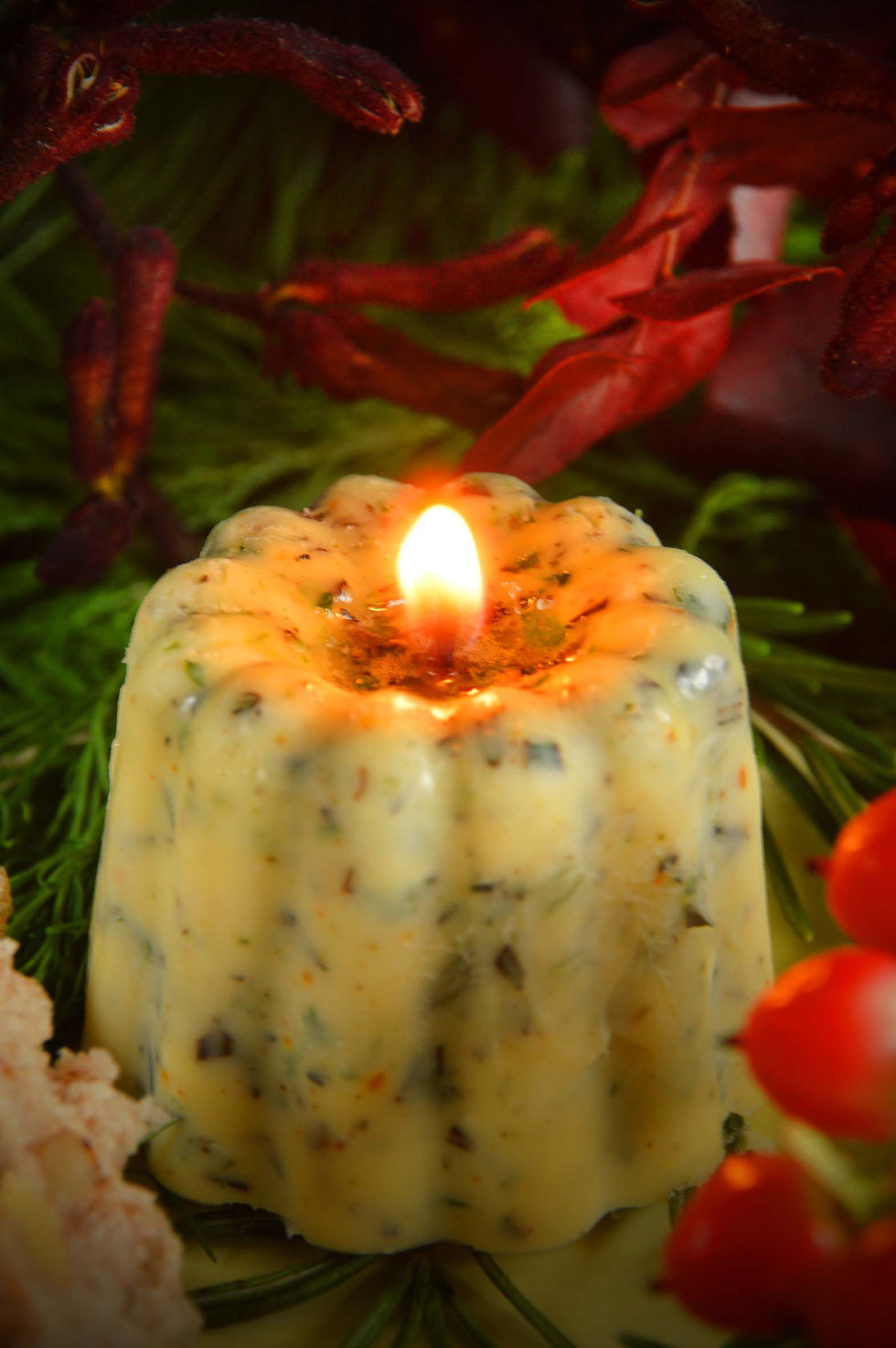 Kräuter, Gartenkräuter, Wildkräuter, Kerze, Butter, Kräuterbutter, Kräuterbutterkerze, Bienenwachsdocht, Rosmarin, Dill, Thymian, essbare Kerze,  Kräuterhexe