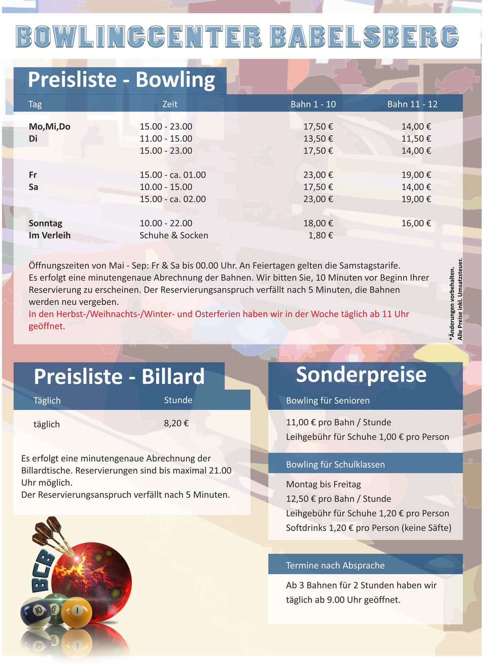 Aktuelle Preisübersicht - Bowlingcenter Babelsberg