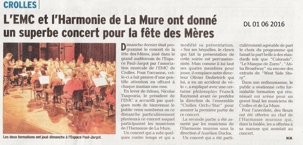 Ecole de musique EMC à Crolles - Grésivaudan : article du Dauphiné Libéré sur le concert de la fête des Mères