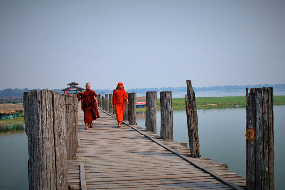 Two monks on the world's longest teak bridge - Amarapura