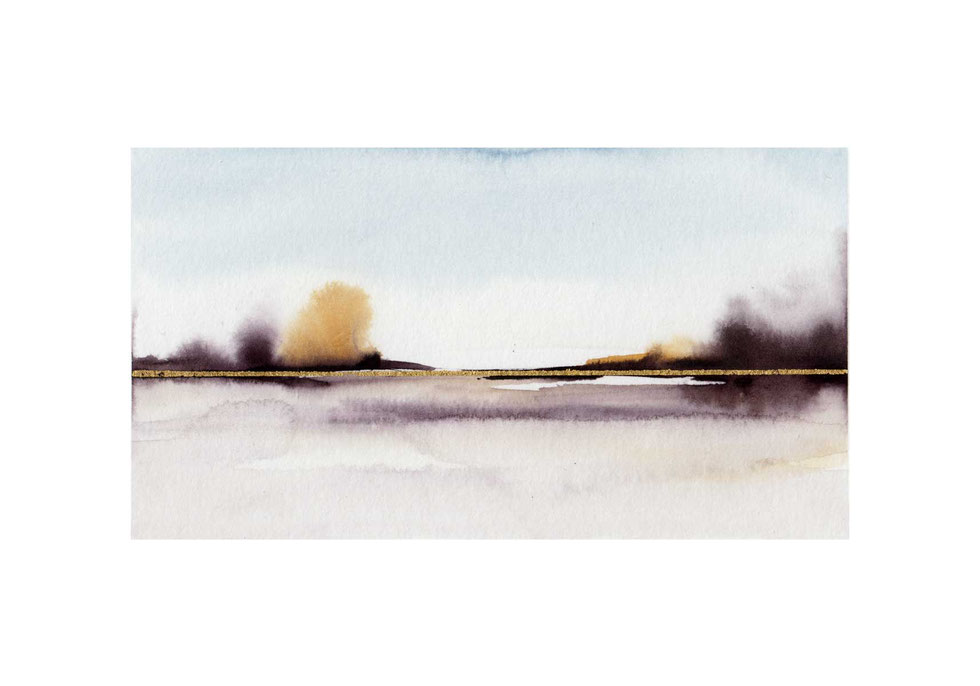 Aquarell Landschaft minimalistisch violett blau Ocker Gold Akzent abstrakt schlicht modern Kunst Arztpraxis Büro Natur Kunstdruck Bild