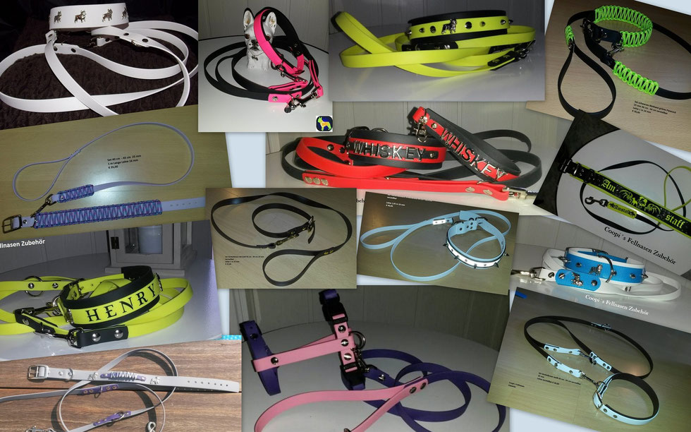 Hunde Set aus Biothane Halsband, Leinen, Schlüsselanhänger, mit Druck, Plotter, Halsband mit Namen, Brustgeschirr aus Biothane, Leine verstellbar, Halsband mit Nieten 