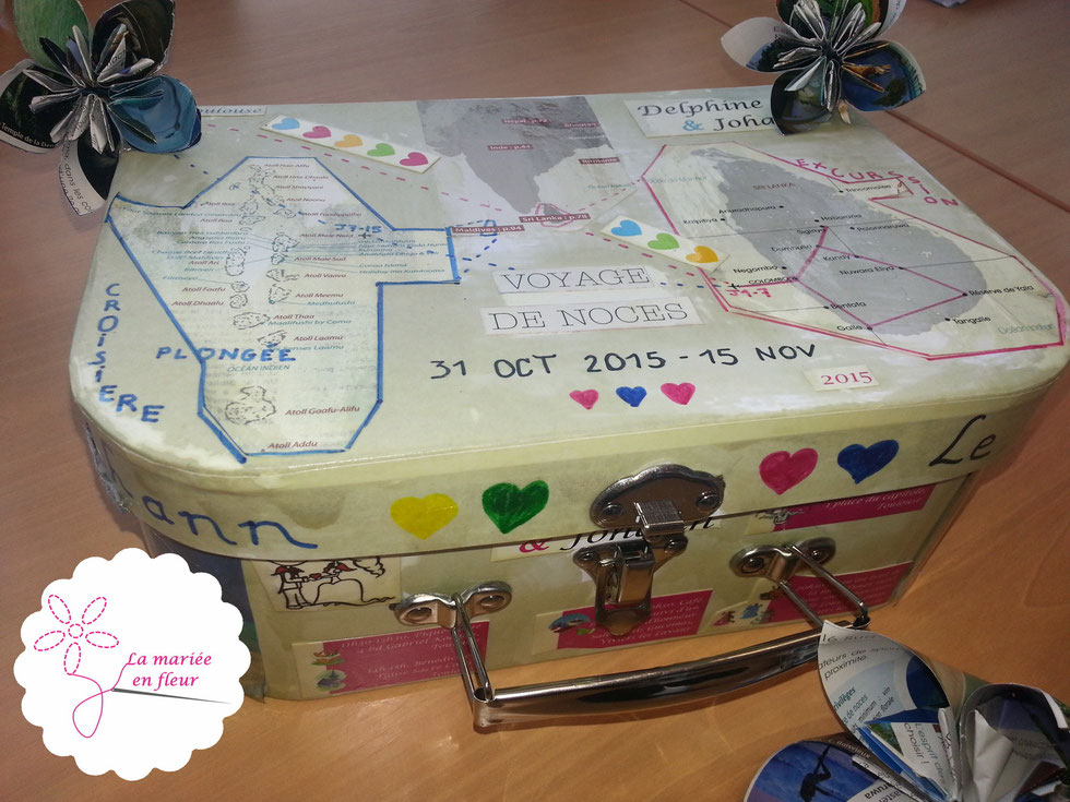 Urne de mariage originale, valise pour la lune de miel, fleur origami, fleurs en papier, excursion au Sri Lanka suivie d'une croisière plongée aux Maldives