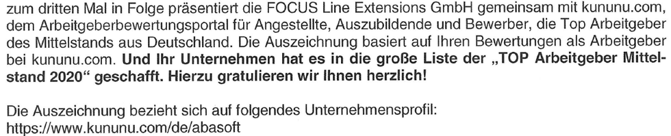 abasoft EDV-Programme Gmbh Focus Business Top Arbeitgeber Mittelstand 2020 kununu Bewertung positiv
