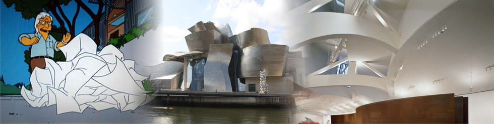 Frank Gehry retratado en la serie animada "The Simpsons" (izq.), aspectos del Museo Guggenheim de Bilbao (der.)