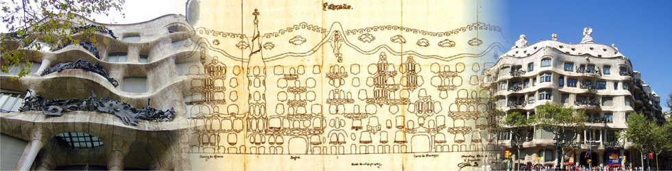 Detalle de la fachada, un plano original y vista general de la Casa Milá, mejor conocida como "La Pedrera"