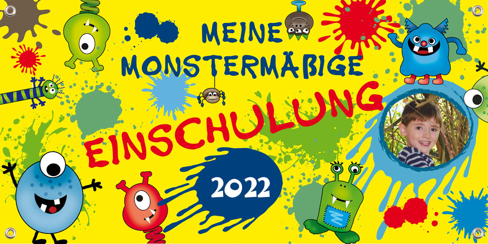 Gelber Banner zum Schulanfang - lustige bunte Monster und Farbkleckse - mit Foto und Text personalisierbar