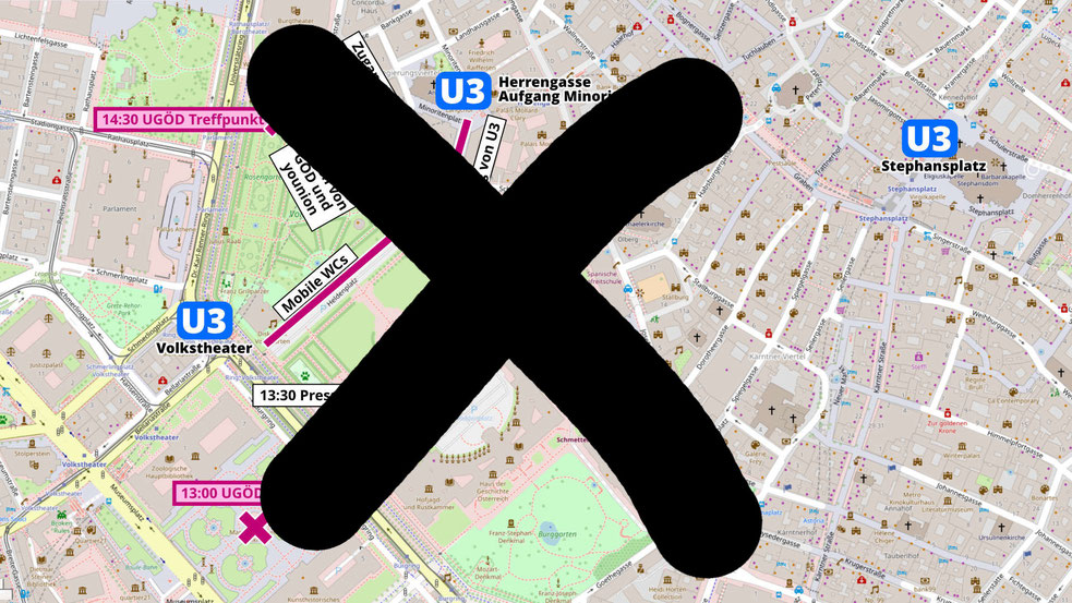 Eine Übersichtskarte zur Demo am 26. 11. 2024, UGöD-Treffpunkte