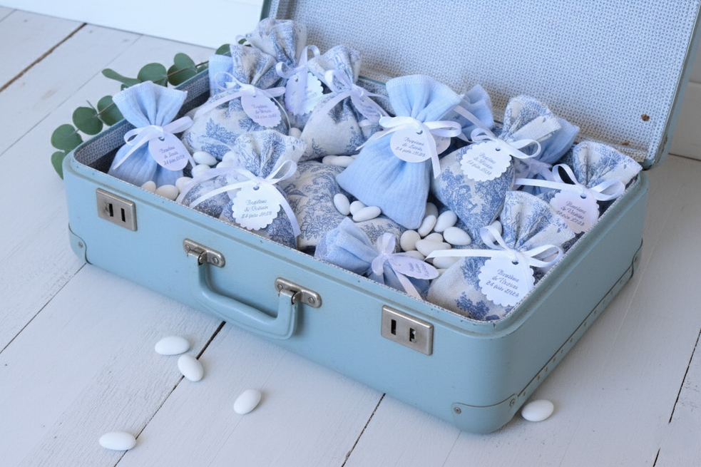 ballotin dragées toile de jouy bleu ruban blanc et étiquette personnalisée