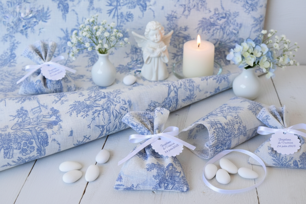Pochon dragées Toile de Jouy bleu - étiquette à personnaliser pour mariage communion baptême
