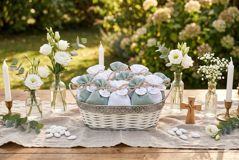 Sachet dragées double gaze avec pois doré - vert tilleul - blanc cassé / étiquettes personnalisées baptême communion