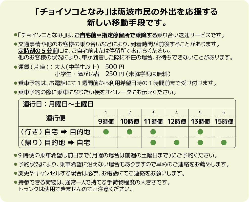 「チョイソコとなみ」は砺波市民の外出を応援する新しい移動手段です。乗り合い送迎サービスとは、複数の利用者の目的地・到着時刻を専用システムにより計算し複数の方が乗り合わせた上で目的地までお送りするサービスです。