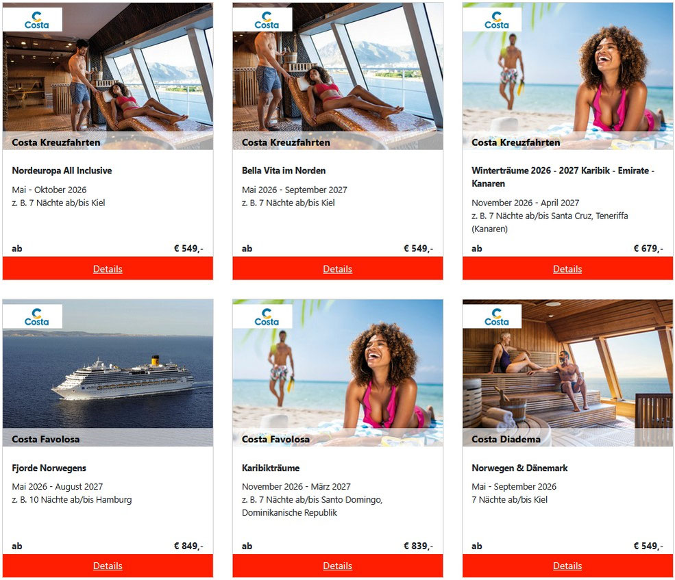 Costa Kreuzfahrt‑Angebote: Nordeuropa ab Kiel, Karibik & Kanaren Winter 2026–2027, Norwegen ab Hamburg sowie Karibikträume ab Santo Domingo Dominikanische Republik beim Premium Reisebüro Reiselotsen Hafencity Hamburg - Costa Partner-Reisebüro
