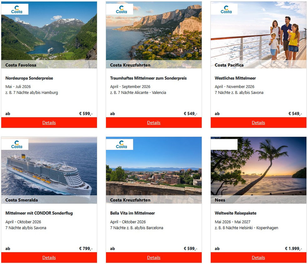 „Costa Kreuzfahrt‑Angebote im Überblick: Nordeuropa ab Hamburg, Mittelmeer ab Savona und Barcelona, Kanaren mit Madeira sowie weltweite Costa Reisen mit Preisen | Beratung und Buchung Reisebüro Reiselotsen
