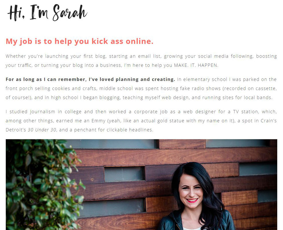 XO Sarah "About Me" page