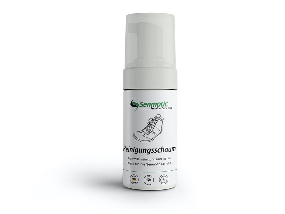 Eine weiße Flasche Reinigungsschaum aus Kunstoff mit Kappe über dem Sprühkopf und Aufdruck Senmotic Reinigungsschaum