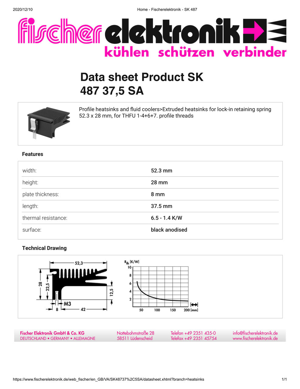 SK 487/37,5 SA Fischer /フィッシャー アルミ押出ヒートシンク スプリング/クリップ取付用
