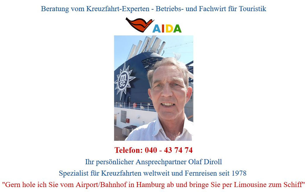 Reisebüro-Inhaber Olaf Diroll hier an Bord von MSC Cruises zur Schiffsbesichtigung im Hamburger Hafen, von wo auch die AIDAdiva zur Weltreise 2026-2027 ausläuft.