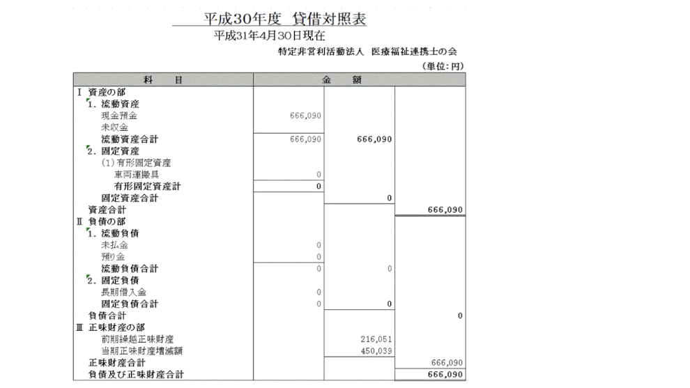 平成30年度　法人　貸借対照表