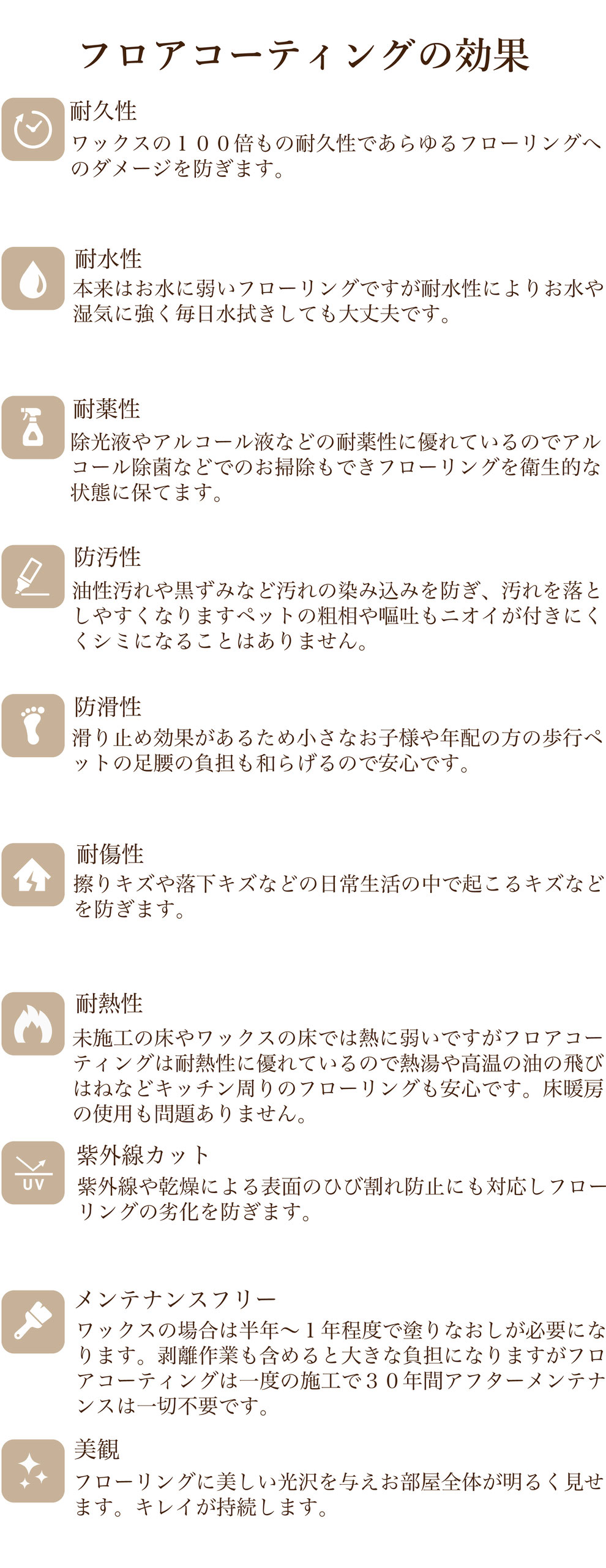 フロアコーティング,フロアコーティング名古屋,フロアコーティング愛知,耐久性,耐水性,撥水機能,耐薬性,防汚性,防滑性,耐傷性,耐熱性,紫外線カット,メンテナンスフリー,美観,フロアコーティングよくあるトラブル