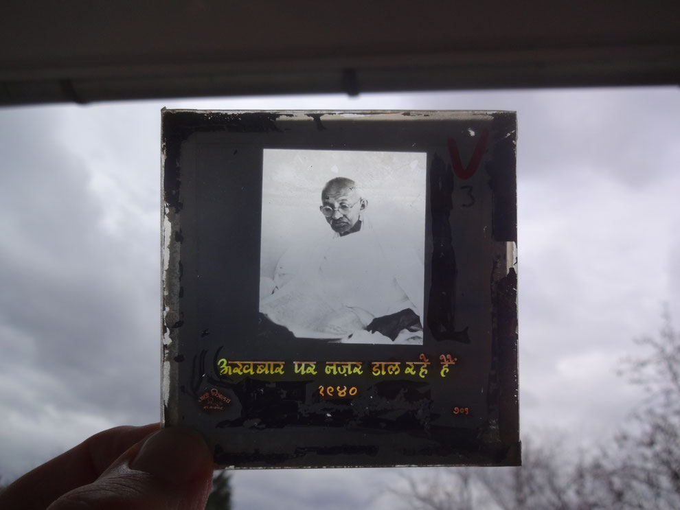 99 numbered glass slides (8 x 8cm), produced for a slide show for the Gandhi centenary of 1969 