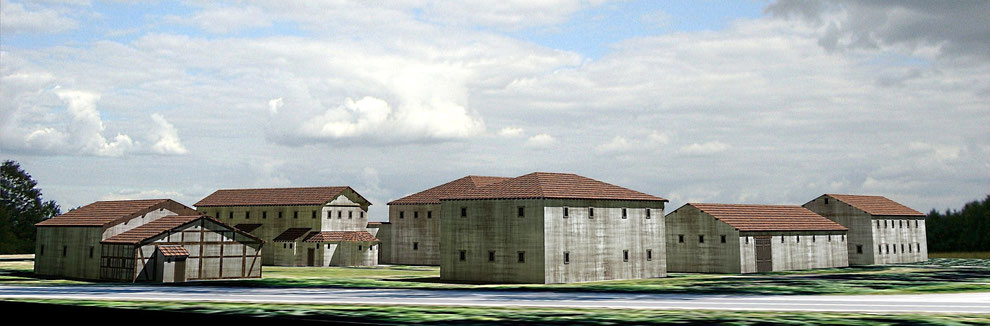 Ansicht der Villa rustica Wachenheim von Osten, mit Stallungen und Wirtschaftsgebäuden. 3D-Rekonstruktion von archaeoflug 