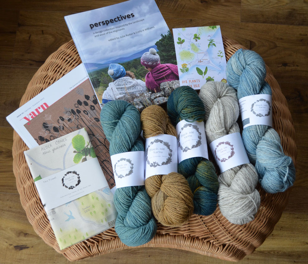 The Haul- my purchases from Black Isle Yarns - oh yeah - gorgeous naturally dyed yarn, books & a tea towel souvenir