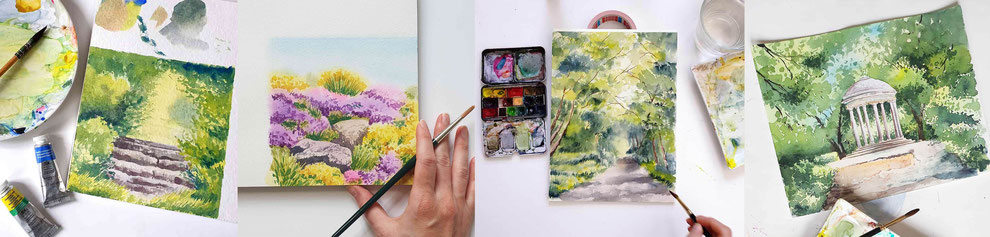 Landschaftsaquarell Bäume malen mit Aquarellfarben Pavillon im Park mit Wasserfarben gemalt, einfache Aquarelllandschaft für Anfänger, Fliederbüsche malen, Flieder, Steine mit Aquarellfarben malen, Aquarell Flieder, Grün mischen Aquarell, Wiese malen 