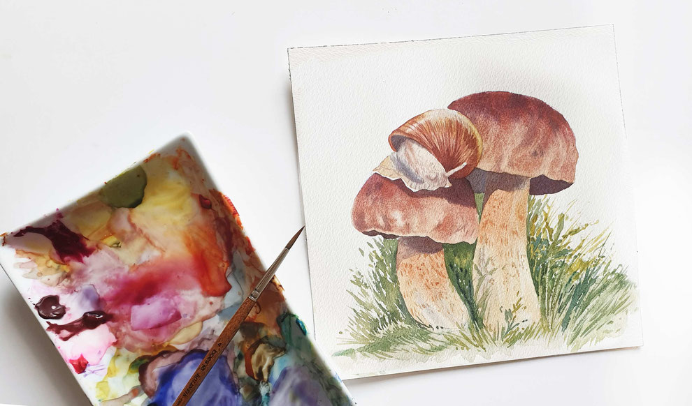 Herbst Aquarell, Blätter malen, Pilze mit Aquarellfarben malen, Wald Aquarell, Eicheln malen, Fliegenpilz malen, Natur mit Aquarellfarben, wie malt man mit Aquarellfarben, kostenloser Malkurs Aquarell, Illustration Berlin, Food Illustration Berlin