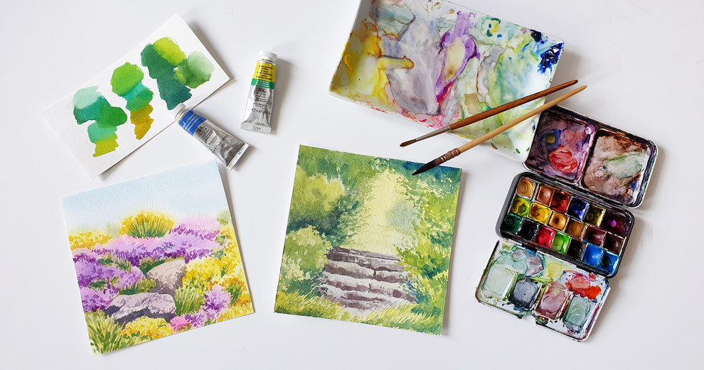 Landschaftsaquarell Bäume malen mit Aquarellfarben Pavillon im Park mit Wasserfarben gemalt, einfache Aquarelllandschaft für Anfänger, Fliederbüsche malen, Flieder, Steine mit Aquarellfarben malen, Aquarell Flieder, Steintreppe im Grünen, Wiese malen 