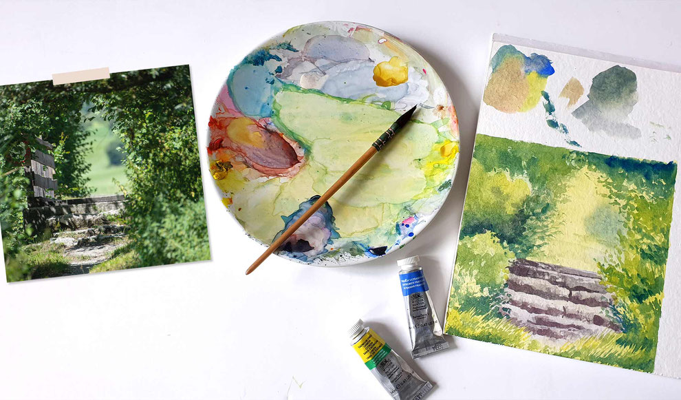 Landschaftsaquarell Bäume malen mit Aquarellfarben Pavillon im Park mit Wasserfarben gemalt, einfache Aquarelllandschaft für Anfänger, Fliederbüsche malen, Flieder, Steine mit Aquarellfarben malen, Aquarell Flieder, Steintreppe im Grünen, Wiese malen 