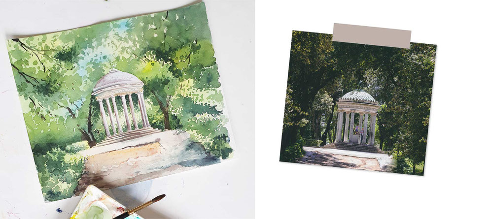 Landschaftsaquarell Bäume malen mit Aquarellfarben Pavillon im Park mit Wasserfarben gemalt, einfache Aquarelllandschaft für Anfänger, Fliederbüsche malen, Flieder, Steine mit Aquarellfarben malen, Aquarell Flieder, Steintreppe im Grünen, Wiese malen 