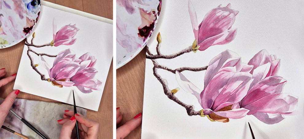 Magnolie, Aquarellfarben malen, nass-in-nass Technik, malen lernen, Blumenaquarell, Malkurs fuer Erwachsene, wie malt man eine Magnolie