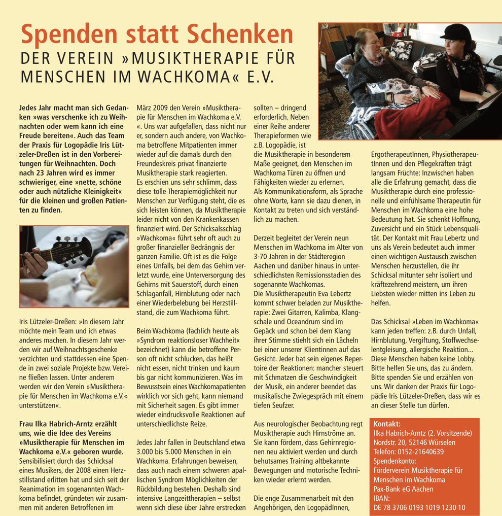 Artikel "Spenden statt schenken" über den Verein "Musiktherapie für Menschen im Wachkoma" e.V.