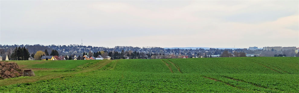 Chemnitz-Adelsberg: Blick von der Walter-Klippel-Straße auf die Eigenheime von Adelsberg (Richtung Zschopauer Straße; rechts am Bildrand noch Plattenbauten aus Chemnitz-Gablenz sichtbar)