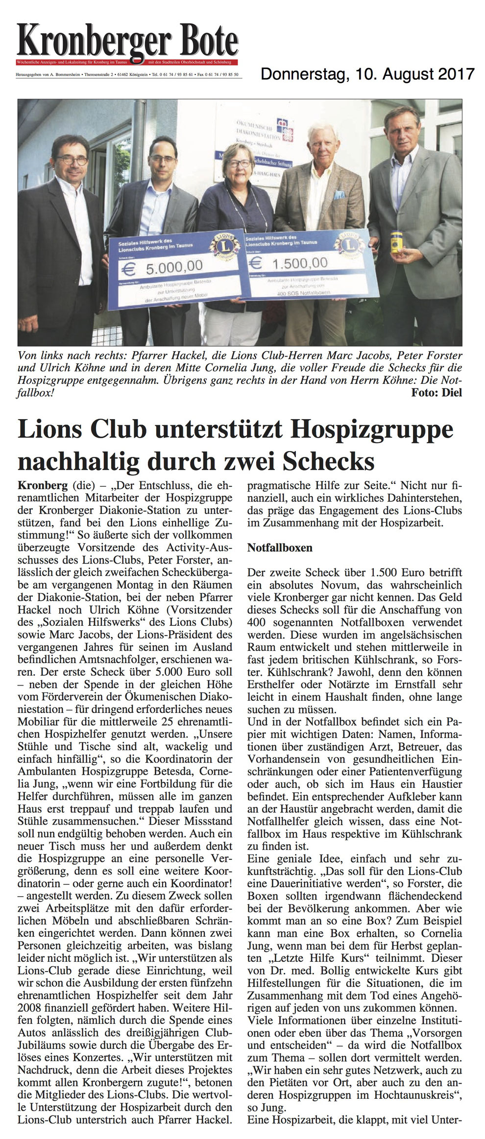 Kronberger Bote Artikel Lions Club unterstützt Hospizgruppe nachhaltig durch zwei Schecks - Lions Kronberg