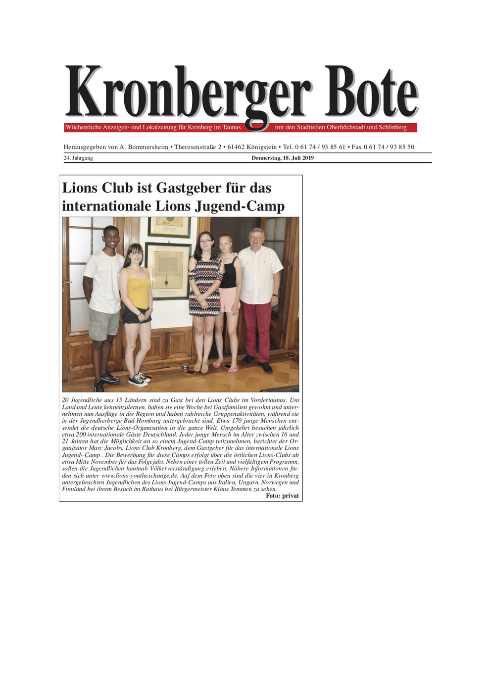 Kronberger Bote Artikel Lions Club ist Gastgeber für das internationale Lions Jugend-Camp - Lions Kronberg