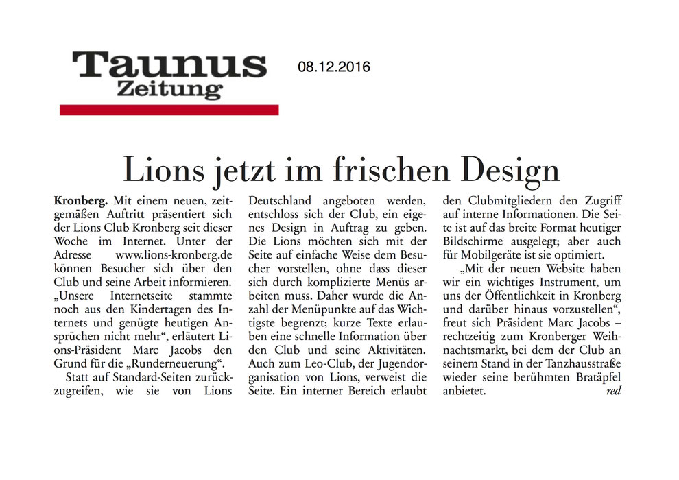 Taunus Zeitung Artikel Lions jetzt im frischen Design - Lions Kronberg