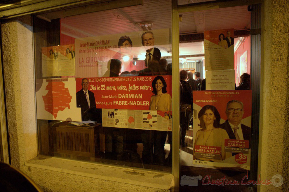 Créon, permanence électorale des candidats Jean-Marie Darmian et Anne-Laure Fabre-Nadler, et de leur colistiers Gérard Poisbelaud et Mathilde Feld (liste P.S.-E.E.L.V.-P.R.G)