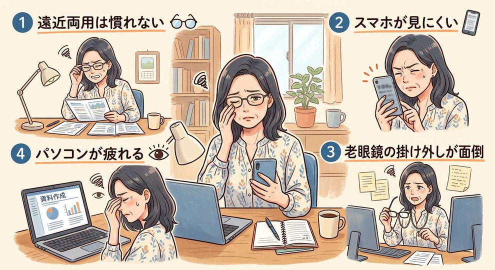 遠近両用の不慣れやスマホの見えにくさなど、40代からの視力の悩みを解説するイラスト図解。