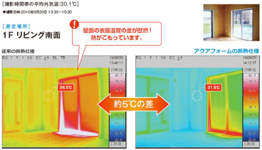 高気密・高断熱（アクアフォーム）サーモグラフィー検査　夏にエアコンを使用せずに室内表面温度を計測