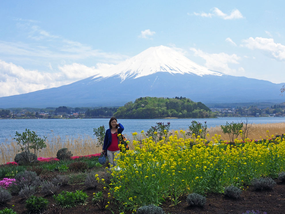 春の河口湖から見る富士山　写真:前尾津也子