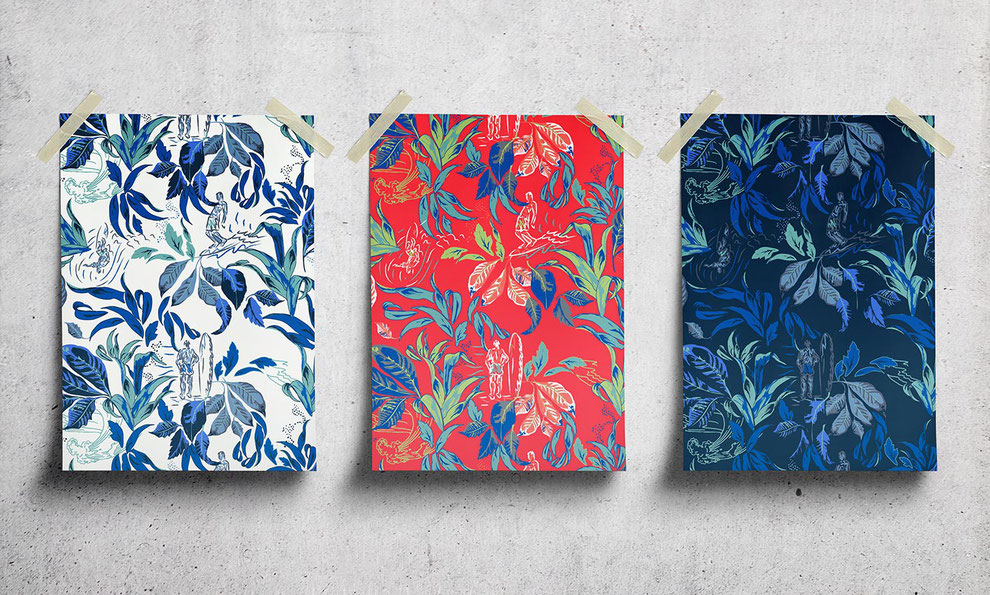 three posters with tropical allover print in a row