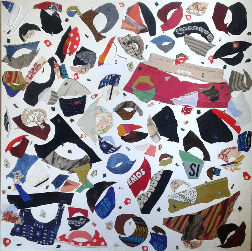 Eva Hradil "Abrazo I" 2017, prendas con emoción en lienzo, 130 x 130 cm