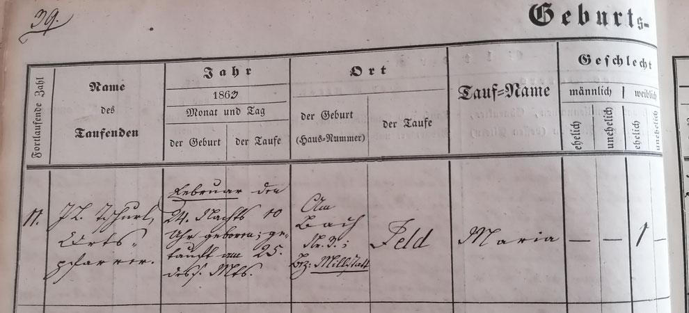 Geburtsanzeige Maria Gruber geboren 24.2.1863, getauft 25.2.1863 Adressen: geboren am Bach 3, Taufe in Feld am See