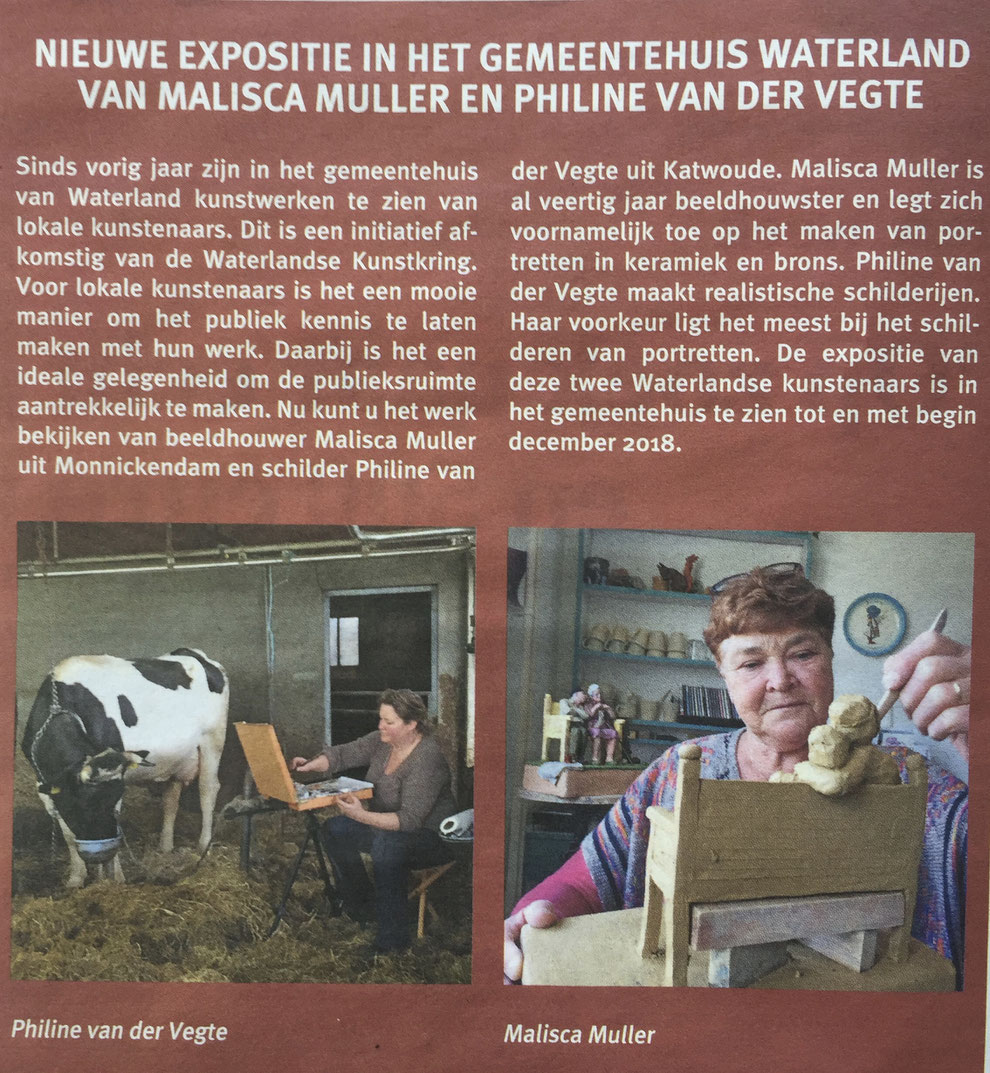 "Ons Streekblad", 19 juli 2018 "Nieuwe expositie in het gemeentehuis Waterland van Malisca Muller en Philine van der Vegte"