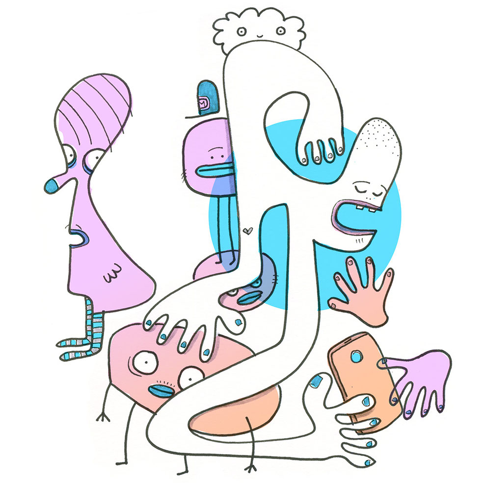Illustration Kreaturen mit Handy in pink und blau, Zeichnung mit Tusche von Frank Schulz Art