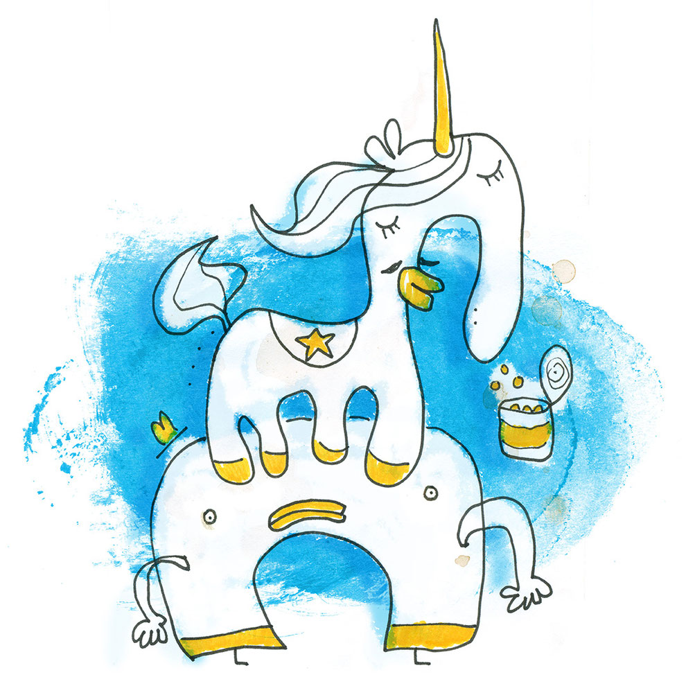 Illustration Einhorn und Cowboy im Zirkus vor blauem Hintergrund, Zeichnung mit Tusche und Aquarell von Frank Schulz Art