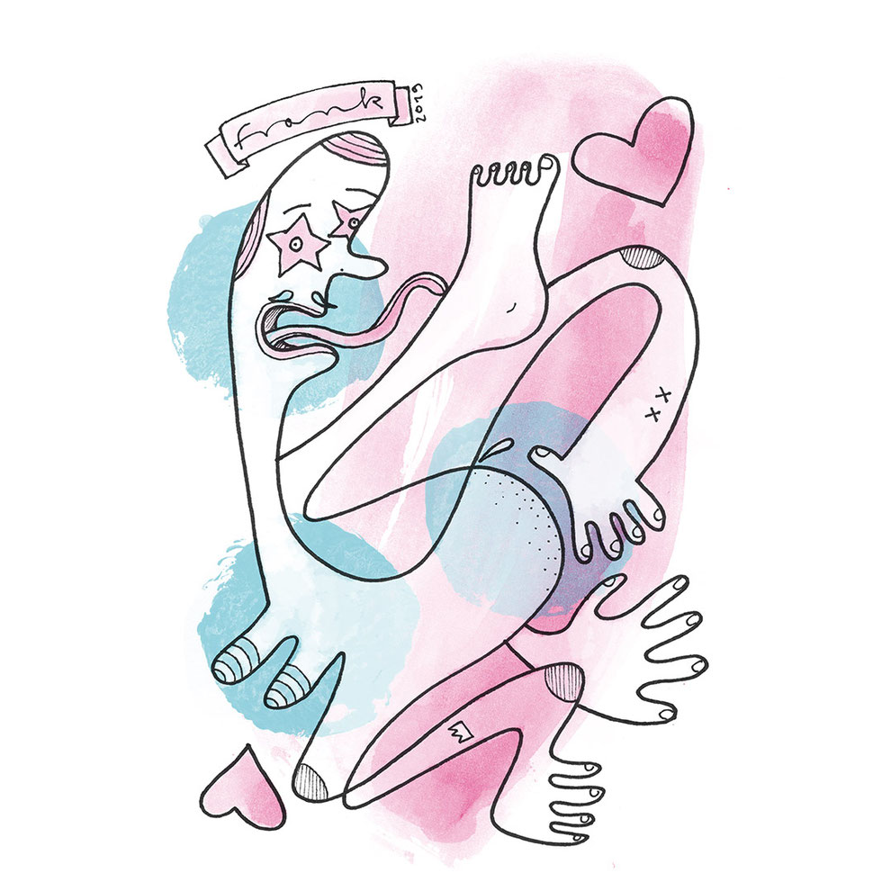 Illustration Nackte Person springt, Tanzen, Zunge, LGBT, Lesben, Schwule, Bisexuelle und Transgender, Zeichnung mit Tusche und Aquarell von Frank Schulz Art