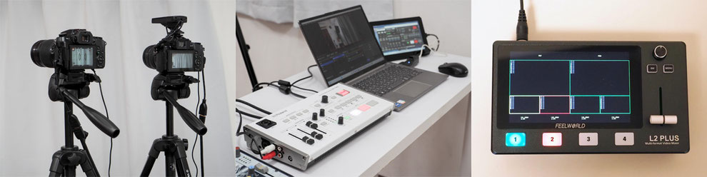 映像関係の各種機材（ミラーレス一眼、Roland VR-1HD、FeelWorld L2 Plus）